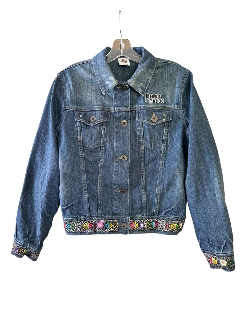 House of Blues Embroidered Denim Jacket M Blue Floral Mirror Trim Distressed